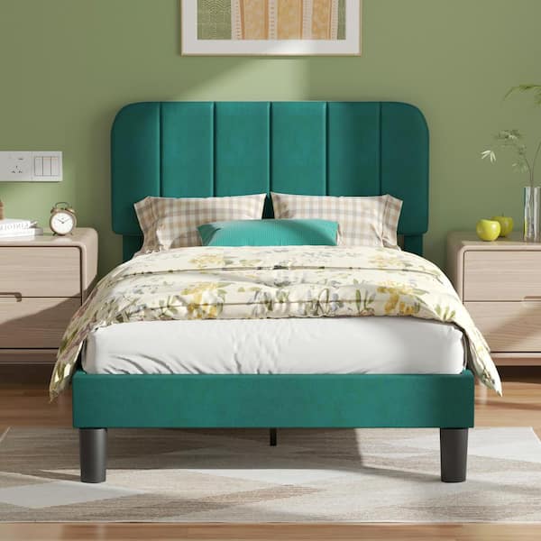 VECELO Upholstered Bed Frame, Twin Platform Bed Frame with Adjustable Headboard, Strong Wooden Slats Support, Green