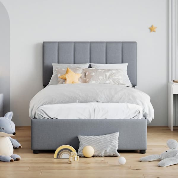 Gray Wood Frame Twin Platform Bed with a Hydraulic Storage System