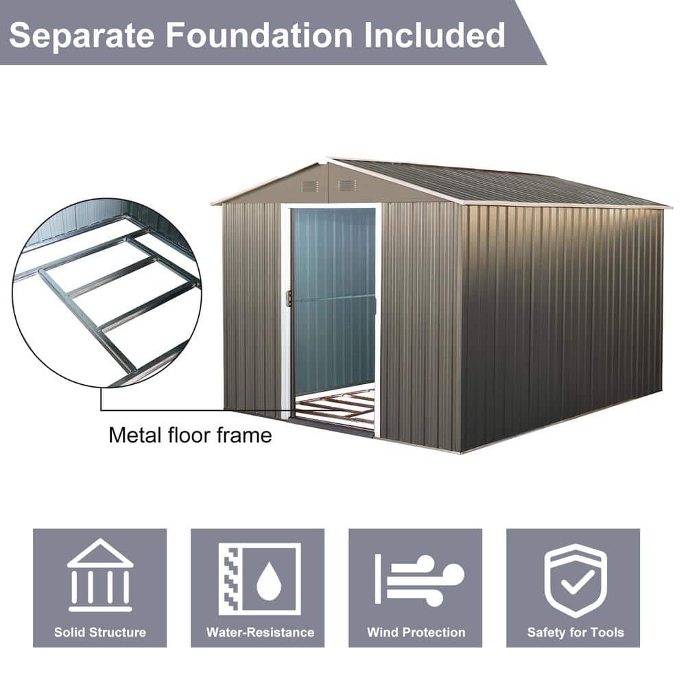 8' x 10' Gray Metal Outdoor Storage Shed with Lockable Door