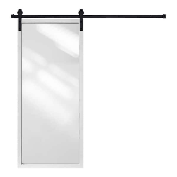 Shaker Style Mirror-Door 80 in. x 24 in. White Color Natural Pine Wood Finished Sliding Door with Hardware Kit