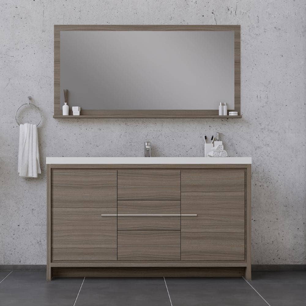 Sortino 60" Gray MDF Single Bathroom Vanity with White Acrylic Sink