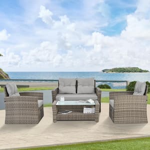 6-Piece Brown PE Wicker Outdoor Conversation Set with Dark Grey Cushions and Tempered Glass Coffee Table