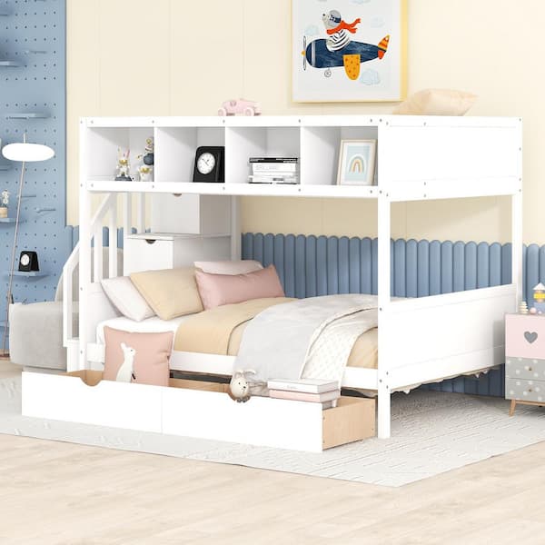 Polibi White Twin Over Full Bunk Bed with Shelfs, Storage Staircase and 2-Drawers
