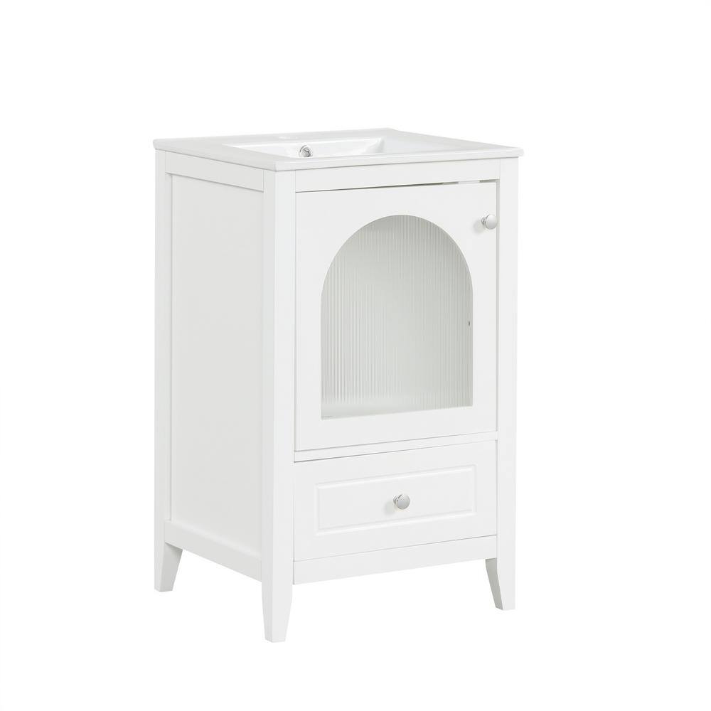 White 20" Freestanding Bathroom Vanity with Ceramic Sink and Glass Door
