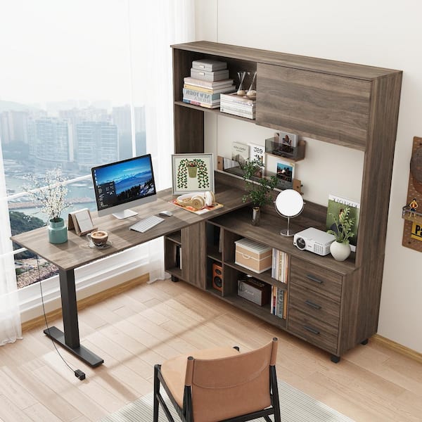 FUFU&GAGA L-Shaped 63 in. W Adjustable Height Desk Ergonomic Stand-Up Desk Walnut Brown Home Sit with Bookcase, Button Controller