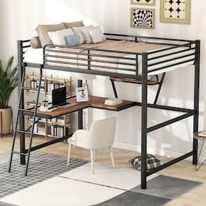 Full Size Loft Metal Loft Bed with Desk and Shelf, Black