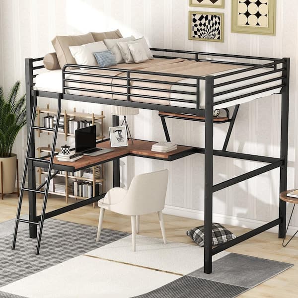 Magic Home Full Size Loft Metal Loft Bed with Desk and Shelf, Black