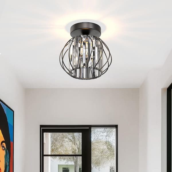 Briignite 7 in. 1-Light Black Modern Crystal Semi Flush Mount Ceiling Light with Cage Design for Hallway, Entryway, or Bedroom