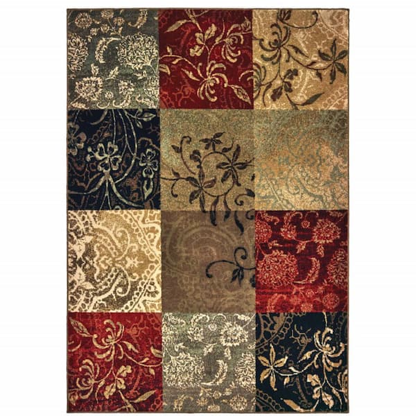 HomeRoots Beige Deep Red Black and Moss Green Geometric 3 ft. x 5 ft. Power Loom Stain Resistant Area Rug