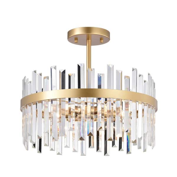 Jojospring Celina 18.5 in. 5-Light Glossy Brass Drum Crystal Glass Semi-Flush Mount with No Bulbs Included