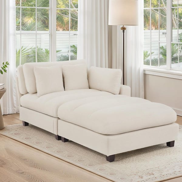 Panner 44 in. Square Arm Chenille 2-Piece Sectional Sofa in. Oatmeal White with Ottomans