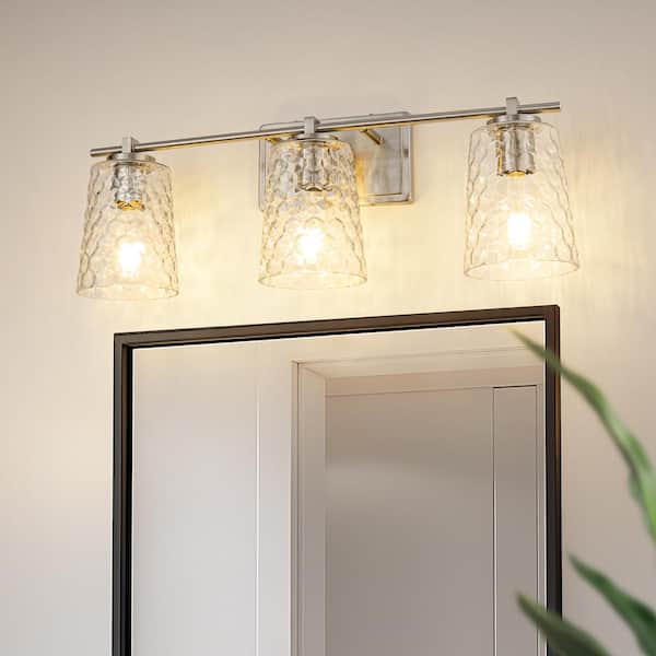 YANSUN 22 in. 3-Light Brushed Nickel Bathroom Vanity Light with Textured Glass Shades, Modern Wall Sconce for Vanity, Mirror
