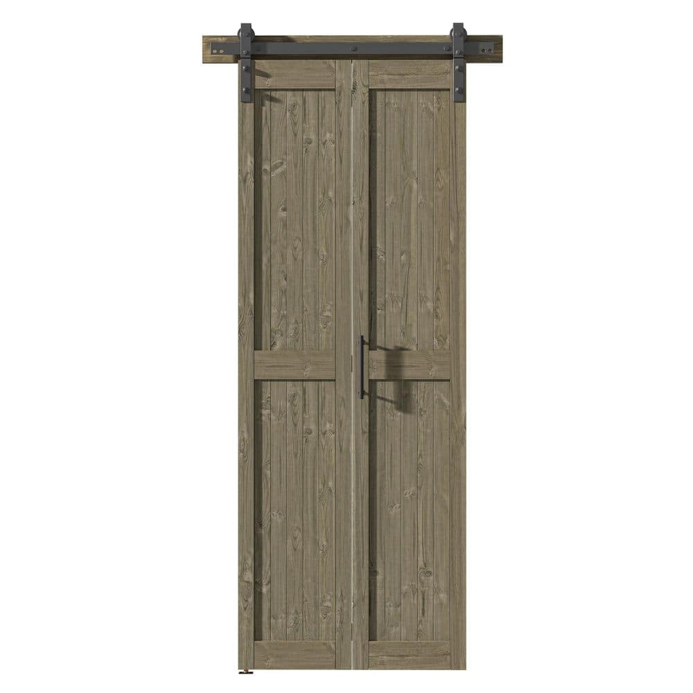 Assembled 30 in. x 84 in. Solid Core Aged Barrel Pine Wood Bi-Fold Door Wit