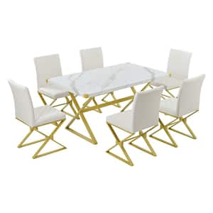 X-Shaped Gold 7-Piece Metal Outdoor Dining Set with White Cushion, Rectangular Marble Texture Kitchen Table