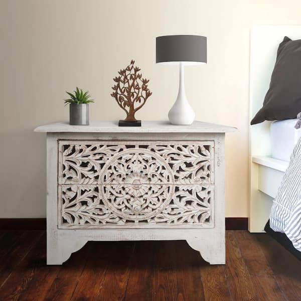 THE URBAN PORT 2-Drawers Antique White Wooden Nightstand 24 in. x 18 in. x 18 in.