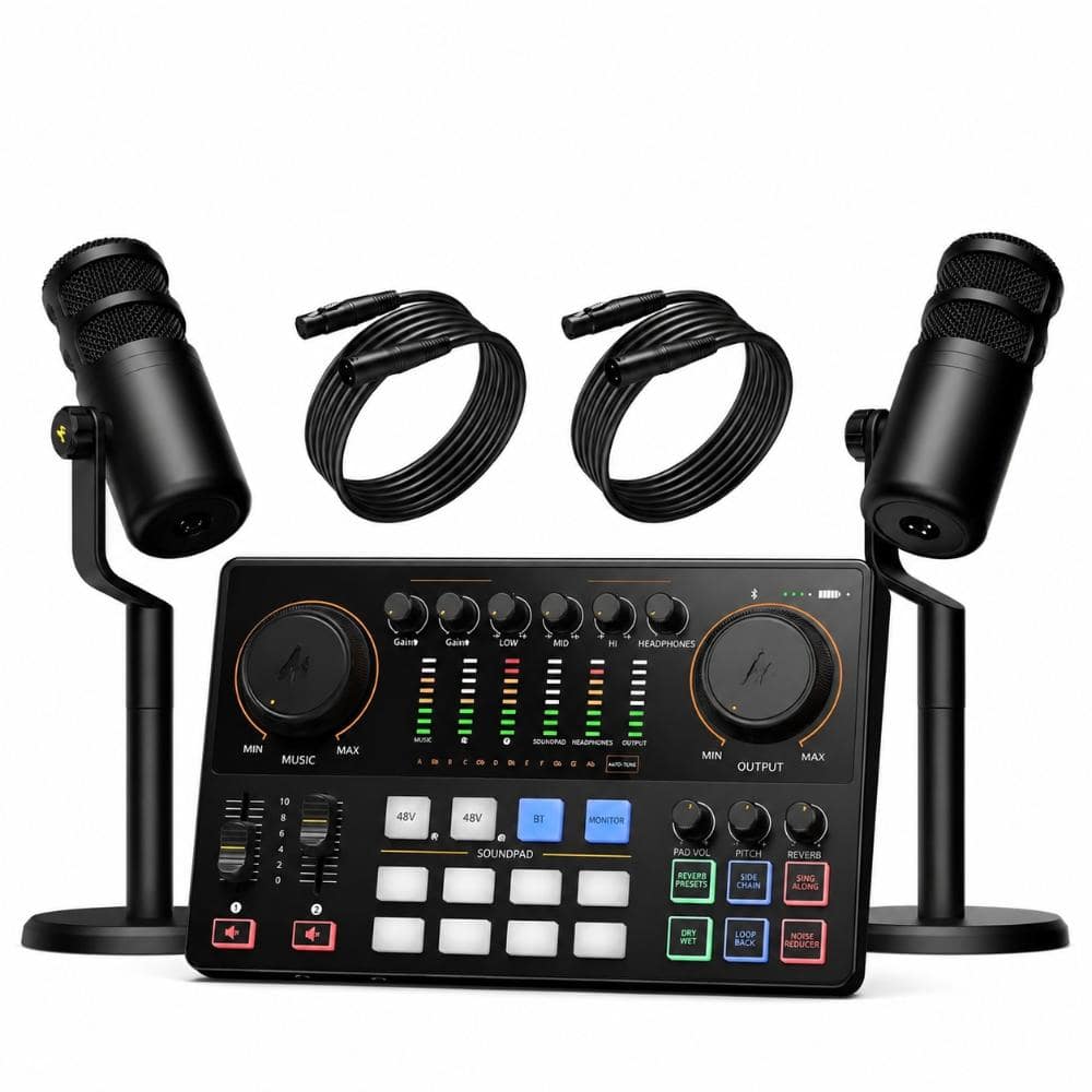 PBTEK Dual Channel Audio Interface Mixer Bundle in Black 2 Pack with XLR Dynamic Microphone Support and Noise Reduction