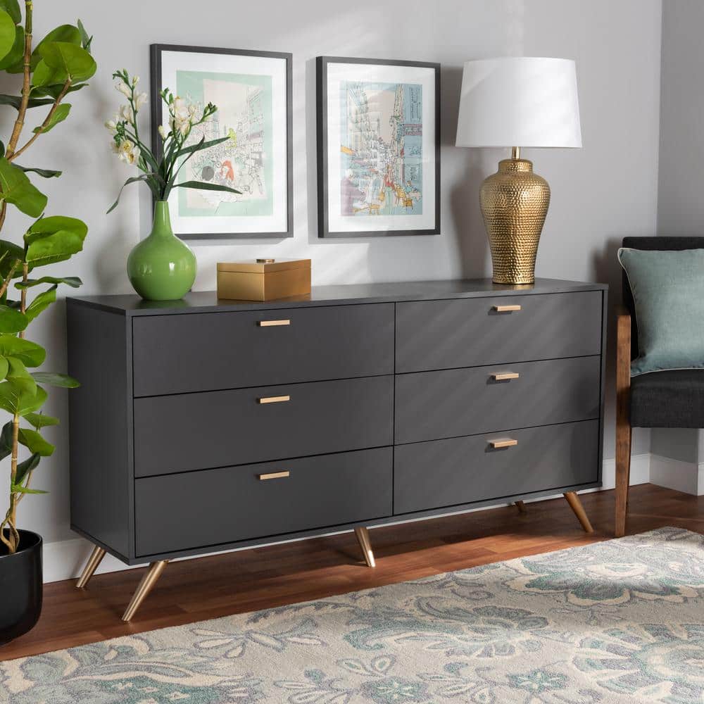 Kelson Dark Gray and Gold 6-Drawer Wood Dresser