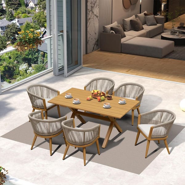 PURPLE LEAF 7-Piece Aluminum All-Weather Wicker Outdoor Dining Set with Cushion, Teak