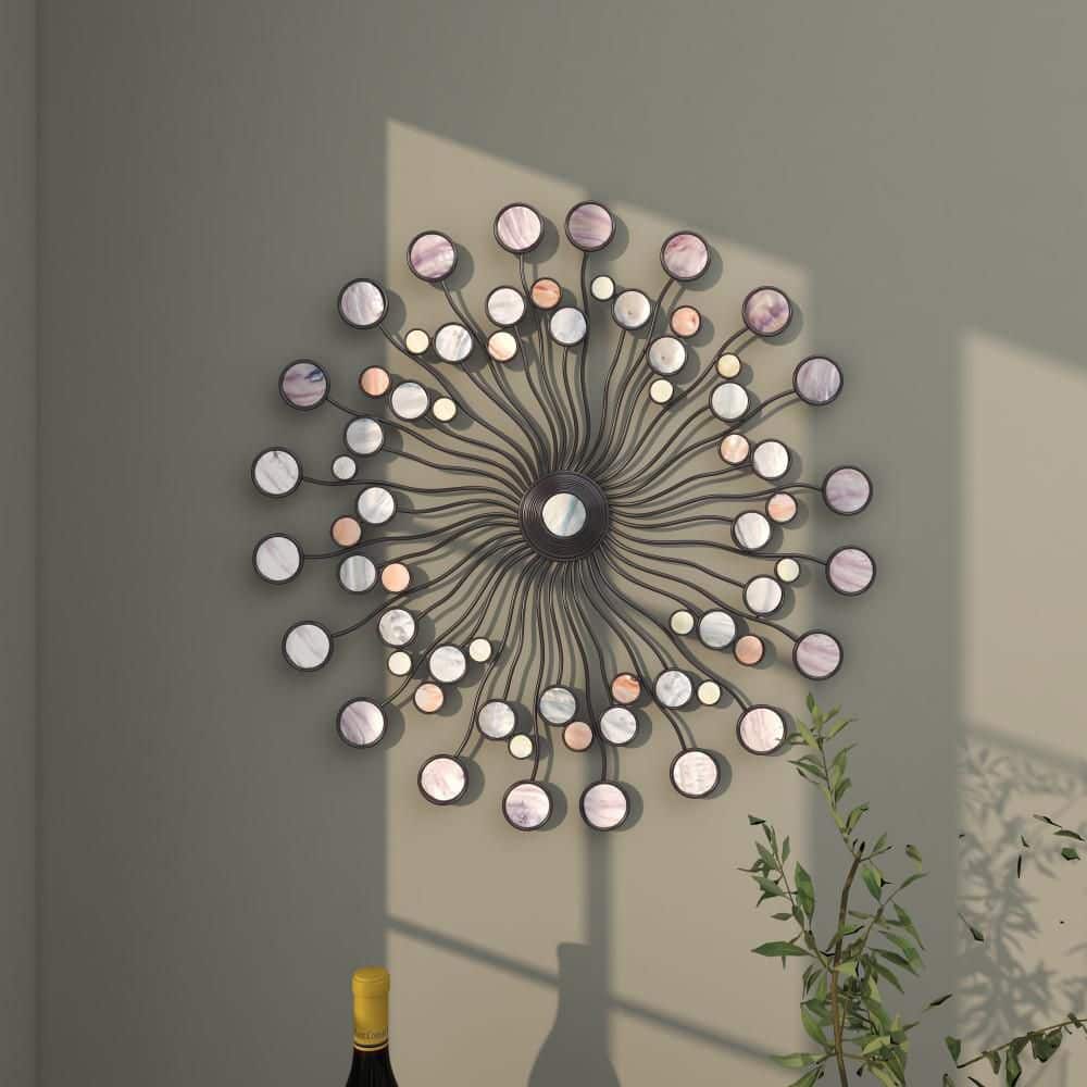Multi-Colored Iron Sunburst Wall Sculpture with Marble Accents