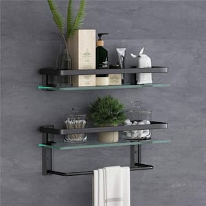 2 Pcs 4.88 in. W x 8.7 in. H x 15.74 in. D Glass Rectangular Bath Shower Shelf in Black, 1 of them with Towel Holder