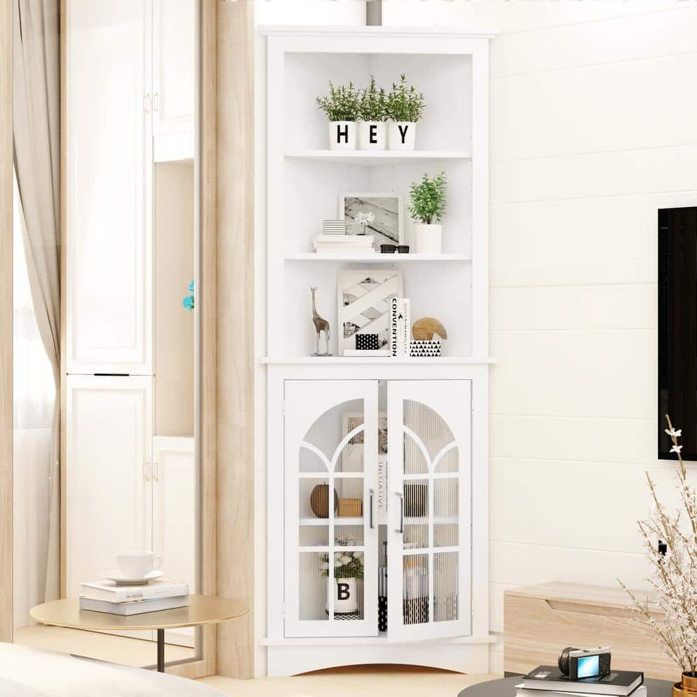 White MDF Corner Accent Cabinet with Adjustable Shelves and Glass Doors