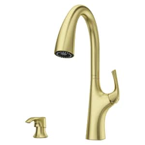 Ladera Single Handle Pull Down Sprayer Kitchen Faucet with Soap Dispenser in Brushed Gold