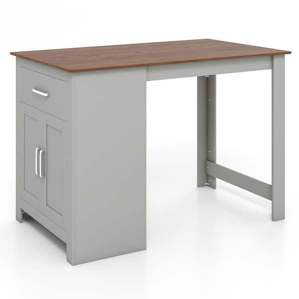 Costway Gray 35.5 in. Bar Table Counter Height Dining Table with Storage Cabinet and Drawer