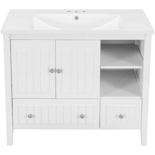 FUNKOL 36.00 in. W x 18.03 in. D x 32.13 in . H Solid Wood Freestanding Bath Vanity in White with Ceramic Top Solid Frame