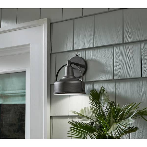 Weathered Pewter Dusk to Dawn Line Voltage Hardwired Outdoor Porch Light Wall Lantern Sconce with Integrated LED