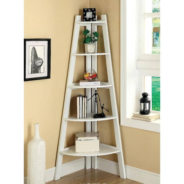 White Wood 5 Shelf Ladder Bookcase, White Wood 5 Shelf Ladder Bookcase