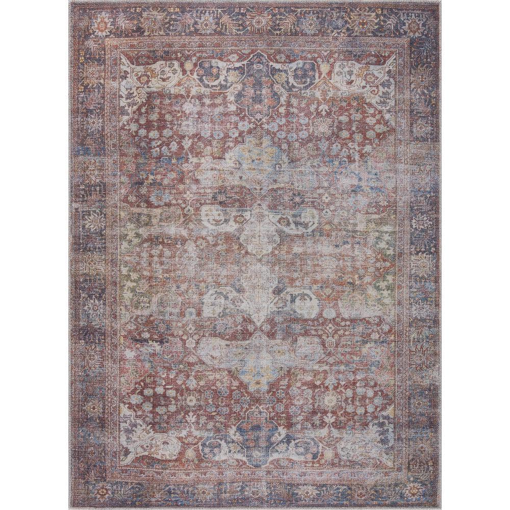 Elki Red and Blue Polyester Oriental Washable Rug 5'3" x 7'3"