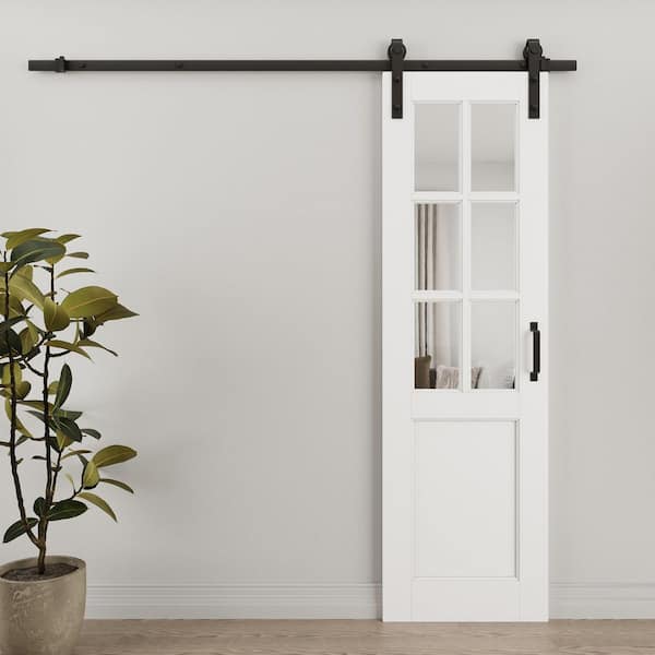 24 in. x 80 in. 6 Lite Tempered Clear Glass White Primed MDF Sliding Barn Door with Hardware Kit