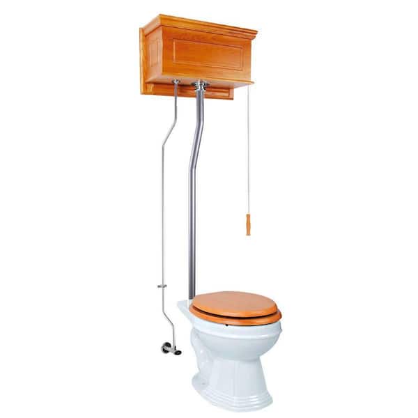 RENOVATORS SUPPLY MANUFACTURING Light Oak High Tank Pull Chain Toilet 2-Piece 1.6 GPF Single Flush Round Bowl Toilet in White Seat Not Included