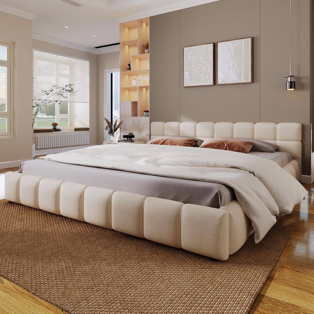 Beige Wood Frame King Size Chenille Upholstered Platform Bed Grounded Bed with Tufted Headboard - thumbnail 10