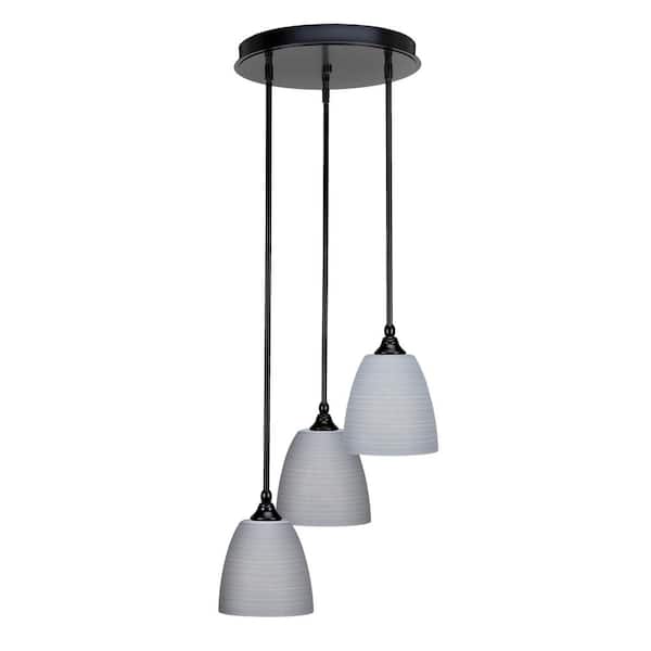 Unbranded Villa 60-Watt in. 3 Light Matte Black Stem Pendant Light with 8 in. Gray Matrix Glass Shade, No bulbs included