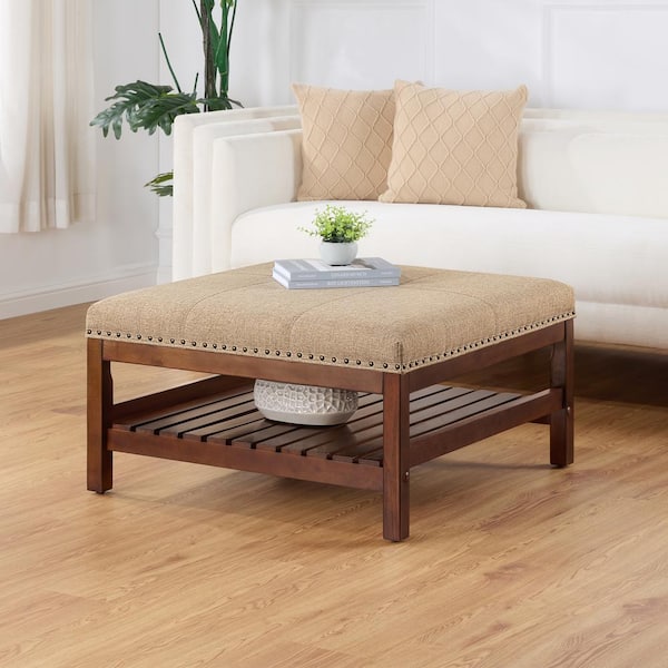 Convenience Concepts Designs4Comfort Silverton Tan Fabric Coffee Table Cocktail Ottoman with Storage Shelf