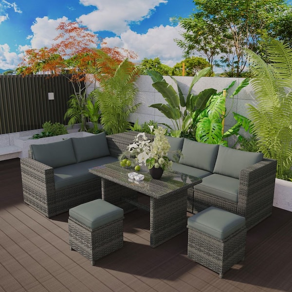 HomeAura 6-Piece Gray Wicker Outdoor Sectional Set with Adjustable Seat and Gray Cushions