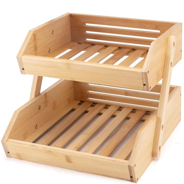 2 Tier Bamboo Fruit Basket Stand for Kitchen Countertop with Spacious Storage and Natural Wood Finish