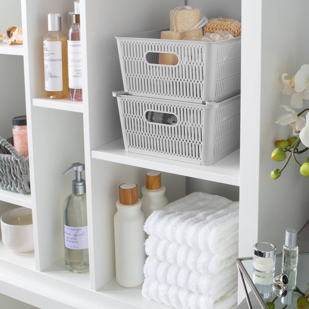 Simplify Slide 2 Stack Grey Plastic Storage Tote Baskets, 2-Pack