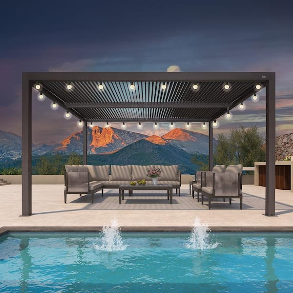 PURPLE LEAF 11 ft. x 14 ft. Bronze Aluminum Frame Outdoor Louvered Pergola with Adjustable Sunshade Roof and Solar String Lights