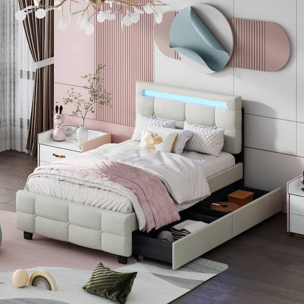 Harper & Bright Designs Beige Wood Frame Twin Size Upholstered Linen Platform Bed with LED Headboard and 2 Drawers