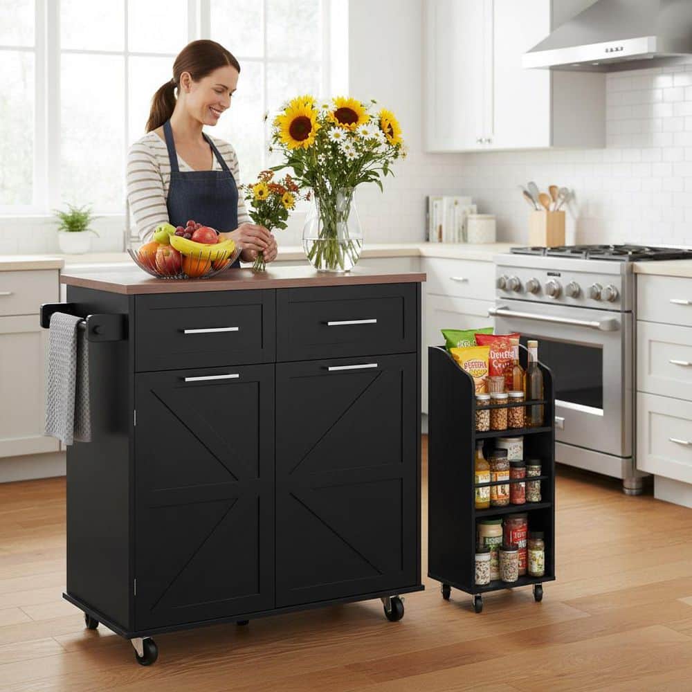 Farmhouse Wood Black 47.2 in. W Kitchen Island with Removable Side