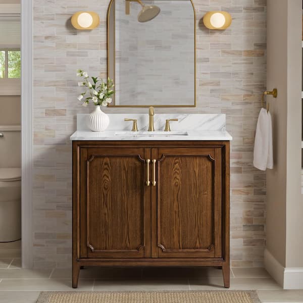 Simsbury 37 in. Single Sink Cinnamon Oak Bath Vanity with Calacatta White Engineered Stone Top (Assembled)
