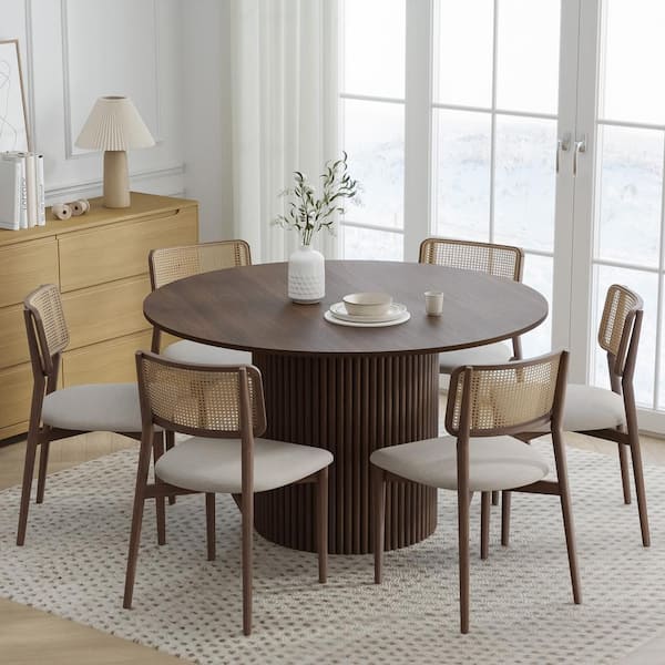 Dovelina 52 in. Wood Walnut Color Column Pedestal Round Kitchen Table Dining Table Seats 4