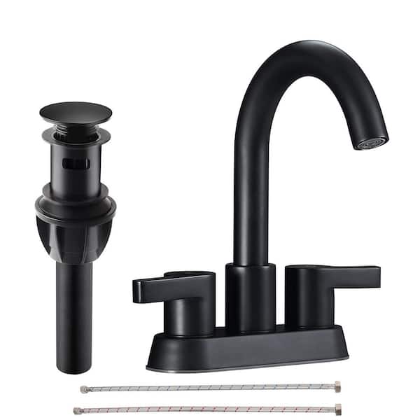 4 in. Centerset Double Handle High Arc Bathroom Faucet with Drain Kit Included in Matte Black