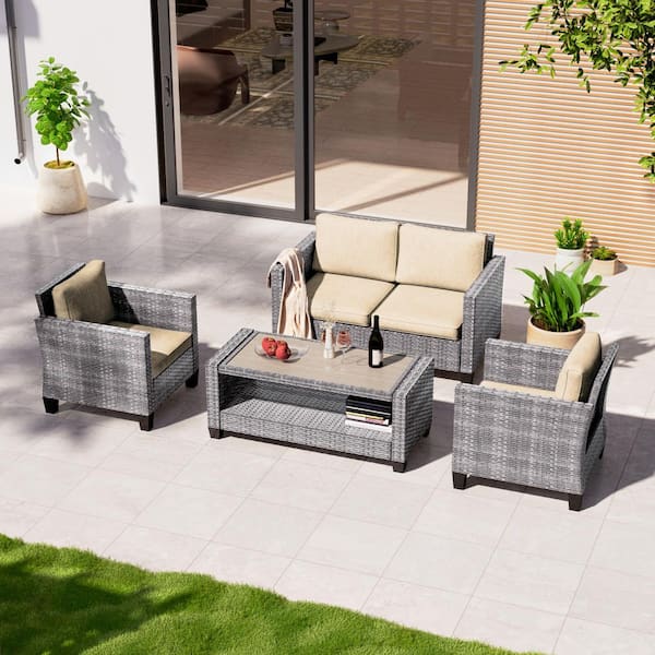 4-Pieces Patio Conversation Set Loveseat Sofa with Coffee Table All-Weather Gray Wicker with Beige Cushions