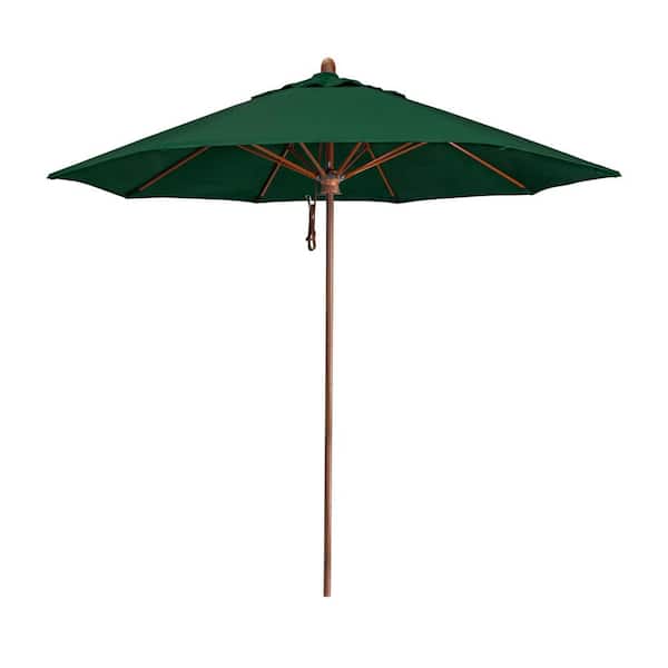 9 ft. Woodgrain Aluminum Commercial Market Patio Umbrella Fiberglass Ribs and Pulley Lift in Forest Green Sunbrella