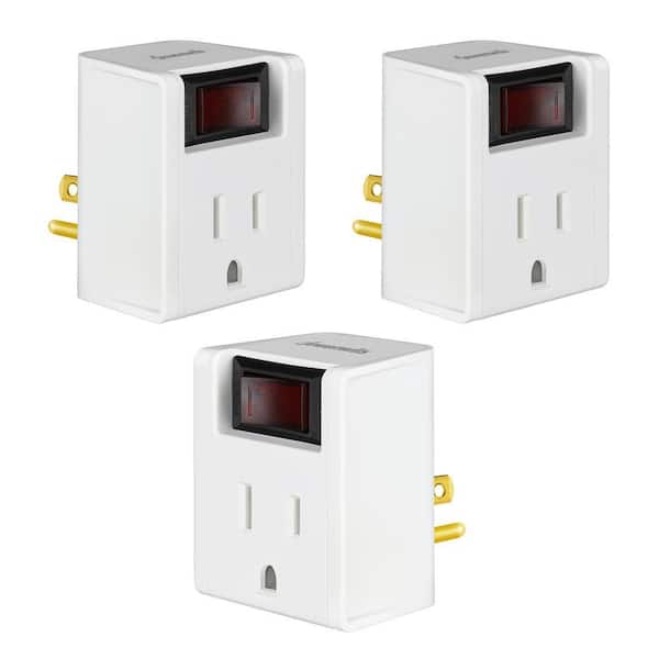 3-Pack Grounded Outlets Adapter with Switch, 3-Prong Plug, 280J, White - Ideal for Table Lamp/Kitchen Appliances