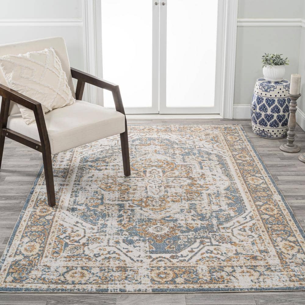 Blue and Cream Medallion Washable Synthetic 4' x 6' Rug