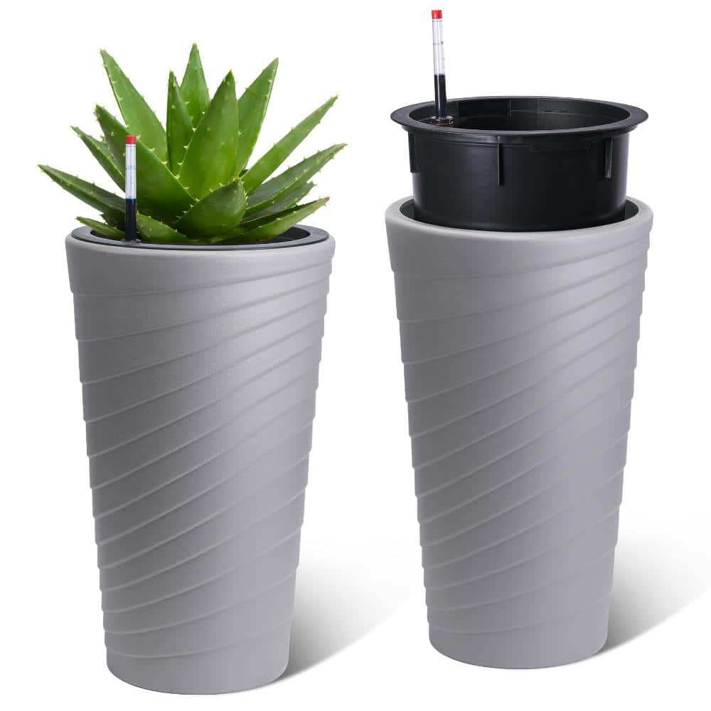 Set of 2 Tall Self-Watering Planters, 23 Inch Large Gray Flower Pots Water Level Gauge & Multi Drainage for Patio,Porch price history on PriceWatchPro